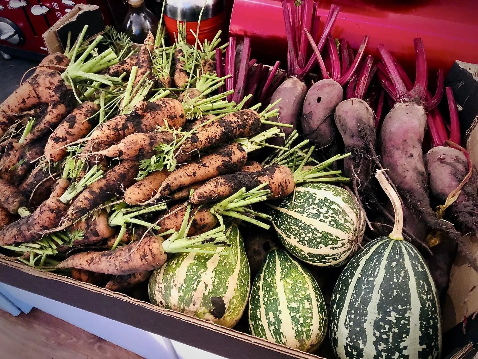 Box of veg in the flat.