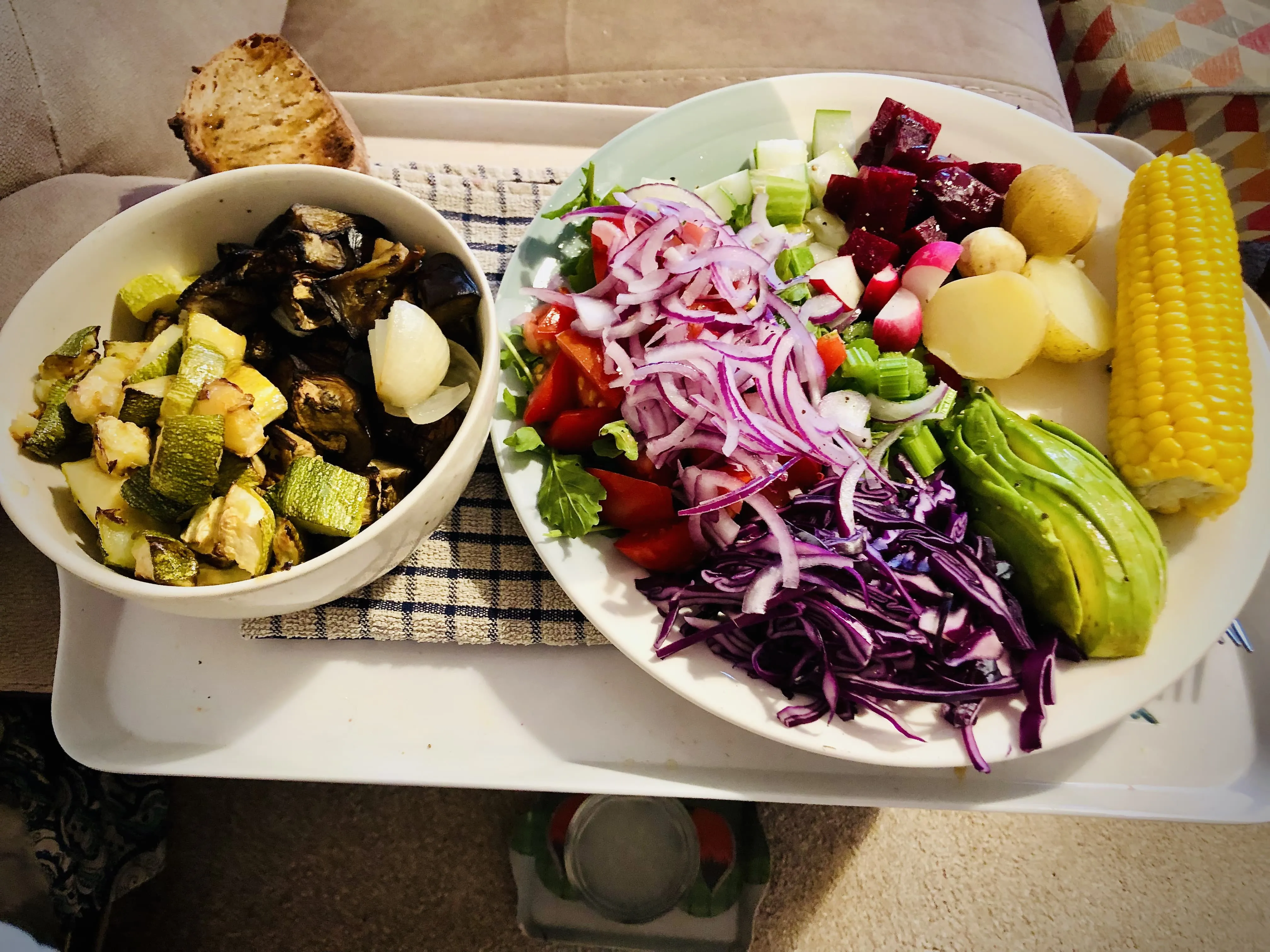 Allotment vegetables prepared on a dinner plate.
